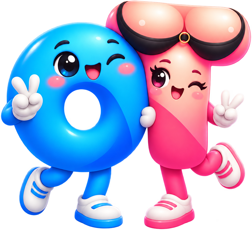 The OnlyTitty mascots: a round blue O and a pink-and-peach T, both throwing peace signs and standing together.